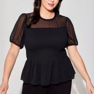 Torrid Black Chiffon Ruffle Smocked Peplum with Sheer Sleeve Top - Black